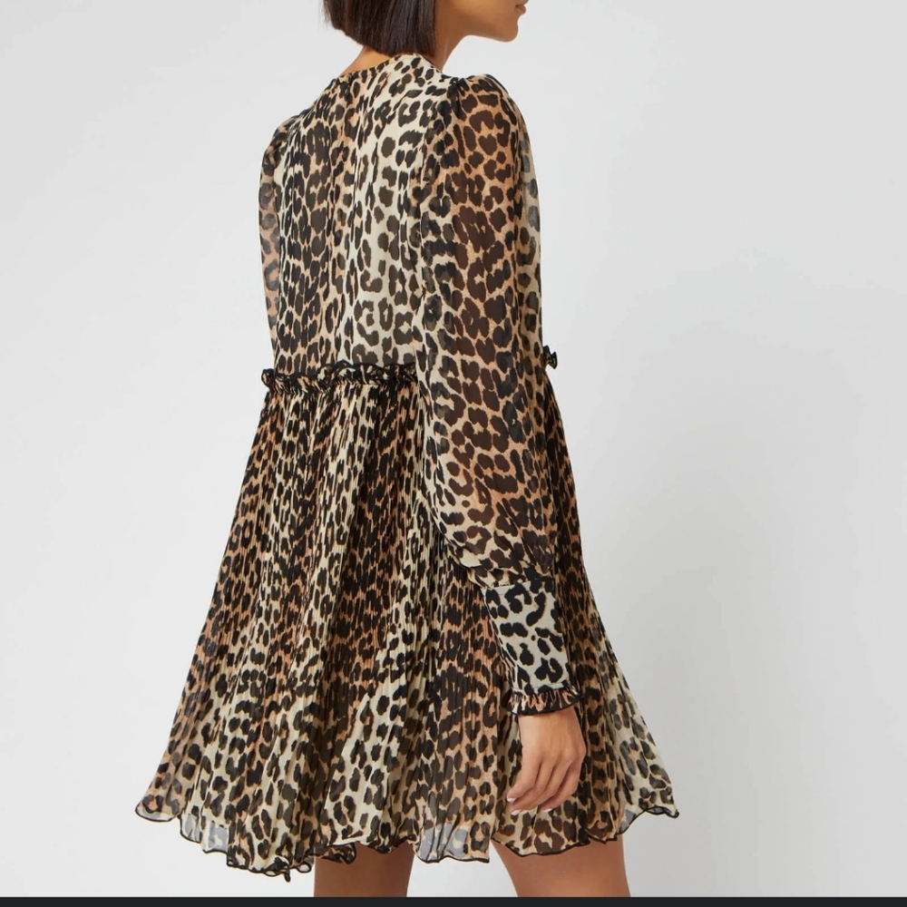 GANNI Pleated Georgette Mini Dress Leopard Babydoll Oversized Size 34 US Small - Picture 2 of 7